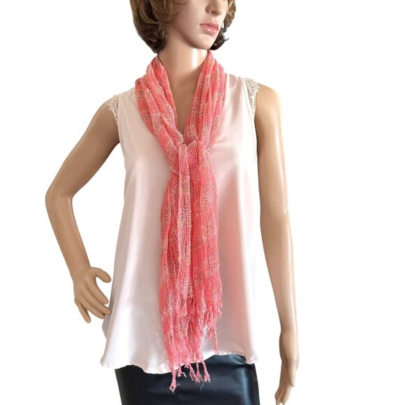 Handwoven Pink Peach Gold Open Weave Scarf With Fringe 64 in L x 15 in W - Picture 2 of 6